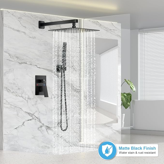FPXRNG Shower Faucet Set Rainfall Shower System with Square Shower Head and Handle Set Rough-in Valve and Metal Trim Kit Included Matte Black 12 Inch Wall Mounted Shower Fixtures