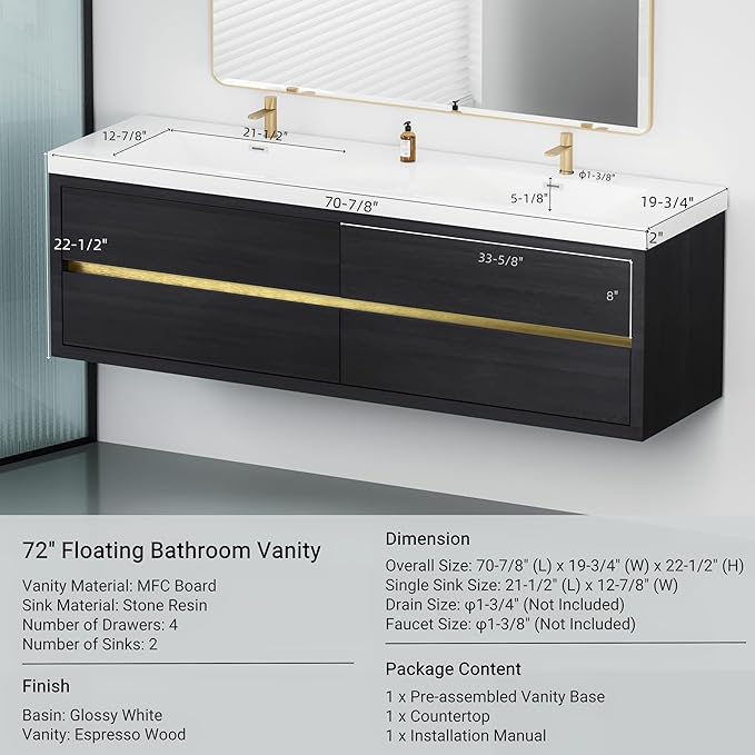 72" Wall-Mounted Bathroom Vanity with 2 Sinks, Floating Storage Cabinet with Stone Resin Countertop, 4 Soft Close Drawers, Espresso Wood Finish, Pre-Assembled Base