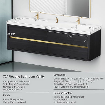 72" Wall-Mounted Bathroom Vanity with 2 Sinks, Floating Storage Cabinet with Stone Resin Countertop, 4 Soft Close Drawers, Espresso Wood Finish, Pre-Assembled Base