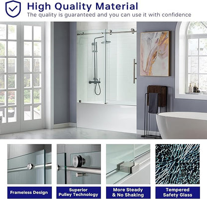 Woodbridge Frameless Bathtub Shower Doors 56-60" Width x 62" Height with 3/8"(10mm) Clear Tempered Glass in Brushed Nickel Finish