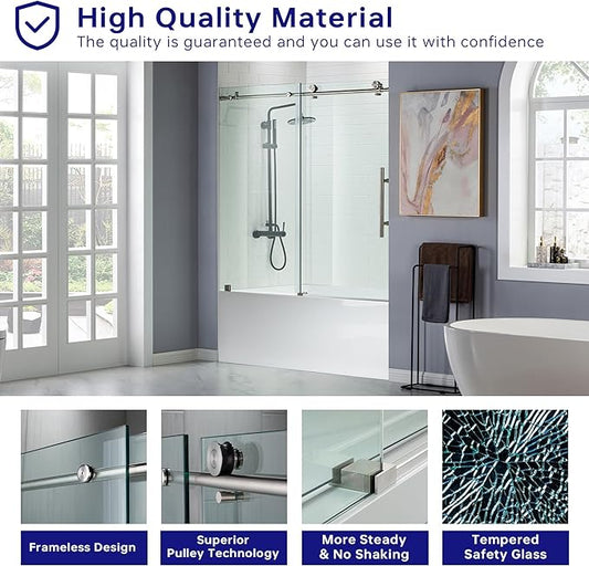 Woodbridge Frameless Bathtub Shower Doors 56-60" Width x 62" Height with 3/8"(10mm) Clear Tempered Glass in Brushed Nickel Finish