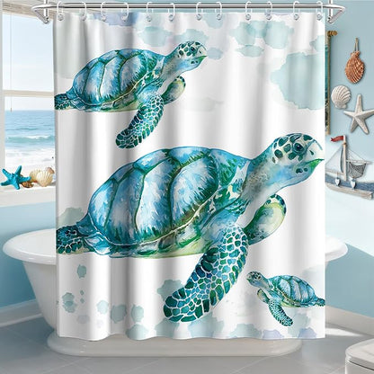 Beach Nautical Sea Turtle Theme Fabric Shower Curtain Sets Ocean Family Bathroom Decor with Hooks Waterproof Washable 72 x 84 inches White Blue and Green