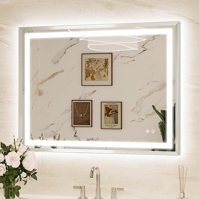 Keonjinn 40x30 Inch Nickel LED Bathroom Mirror with Lights, Beveled Edge | Frontlit & Backlit, Lighted Bathroom Mirror, HD Tempered Glass, 3 Color Temperatures, Anti-fog, Stepless Dimmable