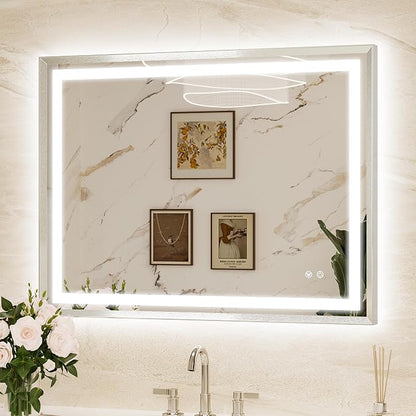 Keonjinn 40x30 Inch Nickel LED Bathroom Mirror with Lights, Beveled Edge | Frontlit & Backlit, Lighted Bathroom Mirror, HD Tempered Glass, 3 Color Temperatures, Anti-fog, Stepless Dimmable