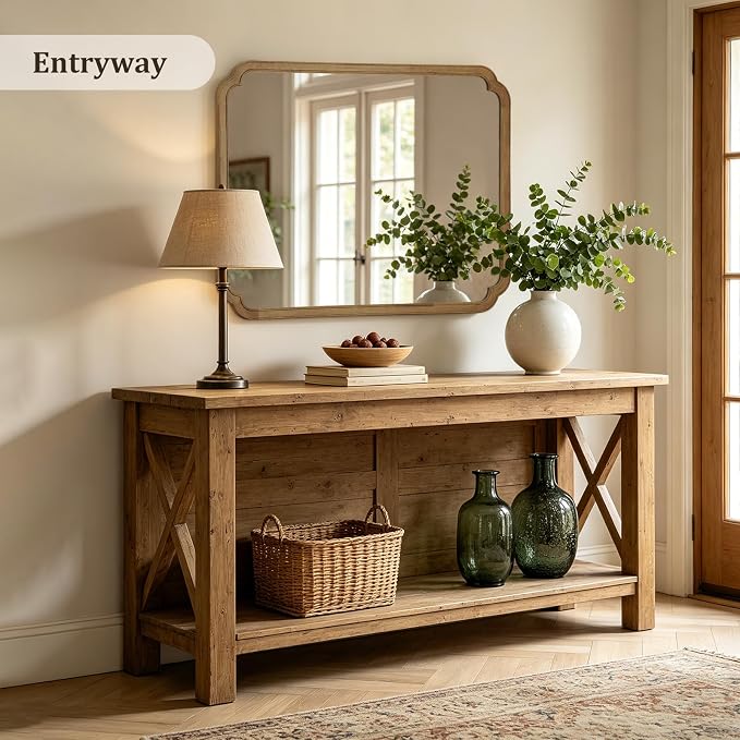 36" x 48" Wood Bathroom Mirror for Wall Mounted, Rustic Rounded Corner Wood Frame Wall Mirror for Entryway, Living Room or Bedroom Home Decorative, Natural