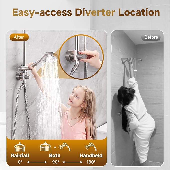 BRIGHT SHOWERS Rain Shower Heads System - 9 Inch Rainfall Shower Head and Handheld Shower Head with Height Adjustable Holder, Solid Brass Rail and 60" Long Stainless Steel Shower Hose, Brushed Nickel