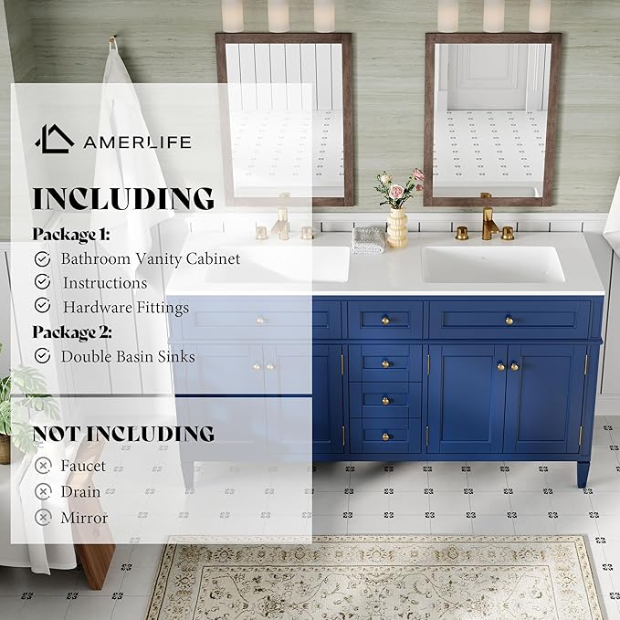 AMERLIFE 60" Bathroom Vanity with Double Sink, Modern Solid Wood Vanity Cabinet, 30-Minute Easy Assembly, 3 Storage Drawers & Adjustable Shelves, Navy Blue