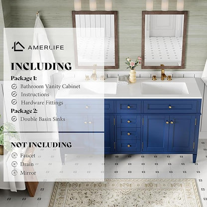 AMERLIFE 60" Bathroom Vanity with Double Sink, Modern Solid Wood Vanity Cabinet, 30-Minute Easy Assembly, 3 Storage Drawers & Adjustable Shelves, Navy Blue