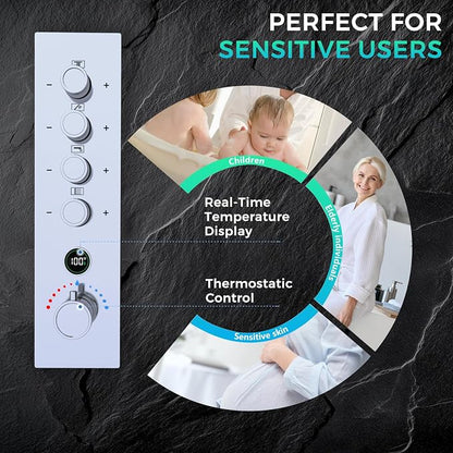 Luxury Thermostatic Digital Dual Heads Shower System Chrome Full Bdoy Spray Shower Faucet Set with 20x14in LED Rainfall Showerhead and 6in Wall Shower, 4 Body Jets with Shut-off, Brass Handheld