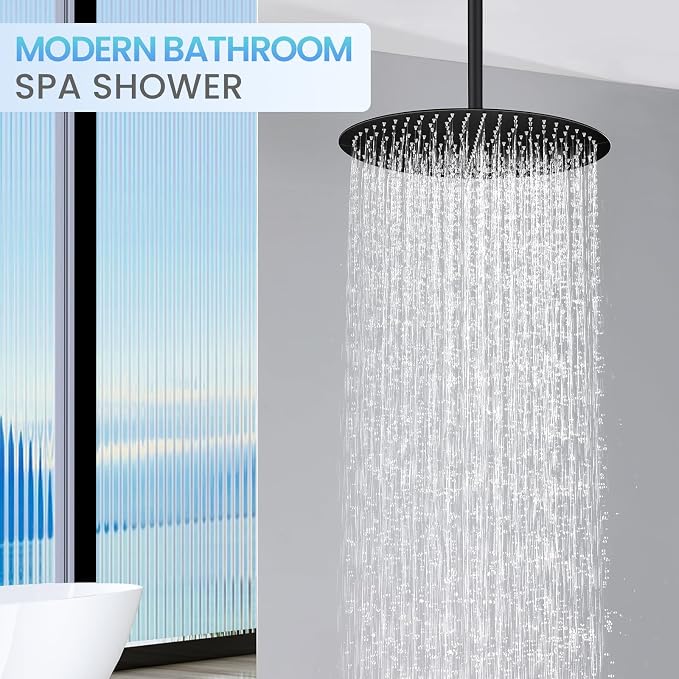 16 inch Matte Black Round Ceiling Rainfall Shower Head, All Metal Stainless Steel 304, Full Body Rainfall Shower with 230 Silicone Nozzles
