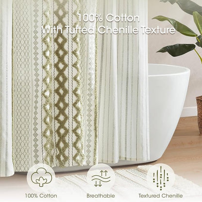 INK+IVY Extra Long Cotton Tufted Shower Curtain for Bathroom, Sage, 72 x 84 | Machine Washable, Boho Tufted Chenille Modern Home Bathroom Decor, Bathtub Privacy Screen, OEKO-TEX Certified