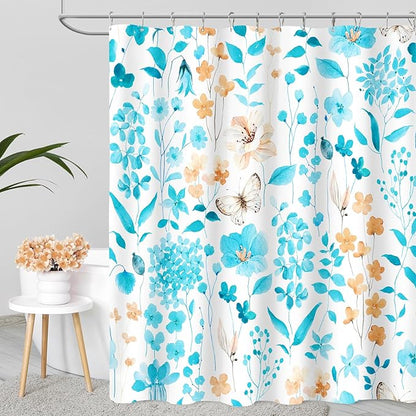 Aqua Blue Floral Shower Curtain, Cute Flower Fabric Shower Curtains for Bathroom, Teal Watercolor Wildflower Butterfly Cloth Shower Curtain Set with Hooks, 72x72
