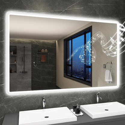 S'bagno 55"x36" LED Bathroom Mirror with Lights, Bluetooth Speaker, Anti-Fog & Waterproof, Dimmable Wall Mirror with Touch Control, 3 Light Colors, Vertical or Horizontal
