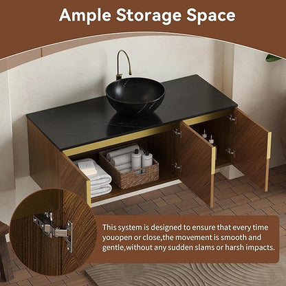 48 Inch Bathroom Vanity with Single Sink, Floating Bathroom Vanity with Vessel Sink, Modern Bathroom Vanity Cabinet with 3 Doors, Sintered Stone Countertop and Bowl Basin, Brown Oak