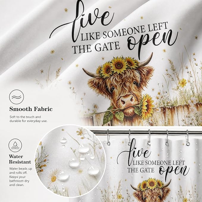 Highland Cow Shower Curtain, Rustic Farmhouse Floral Bath Curtain | 72x72 Inches, Waterproof Polyester Fabric, Country Bathroom Decor for Home Decorations, Includes 12 Hooks