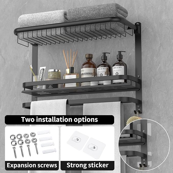 Foldable 23.22 Inch Rowel Rack Wall Mounted with Bathroom Shower Shelves Stainless Steel Towel Bar Without Drilling and Screw Installation (Black)