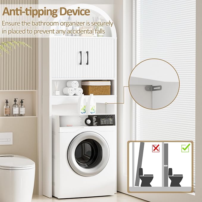 Spurgehom Arch Over The Toilet Storage Cabinet,Bathroom Organizer, White | Freestanding Bathroom Shelf Equipped with Anti-Tipping Device, Space-Saving Toiletries Storage Cabinet