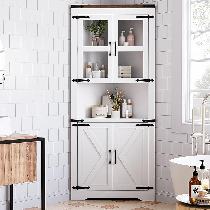 GarveeHome Tall Corner Cabinet, Farmhouse Corner Storage Cabinet with Glass Door & Adjustable Shelves, Space Saving Storage for Living Room, Kitchen, Bathroom, White