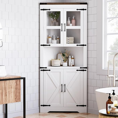 GarveeHome Tall Corner Cabinet, Farmhouse Corner Storage Cabinet with Glass Door & Adjustable Shelves, Space Saving Storage for Living Room, Kitchen, Bathroom, White