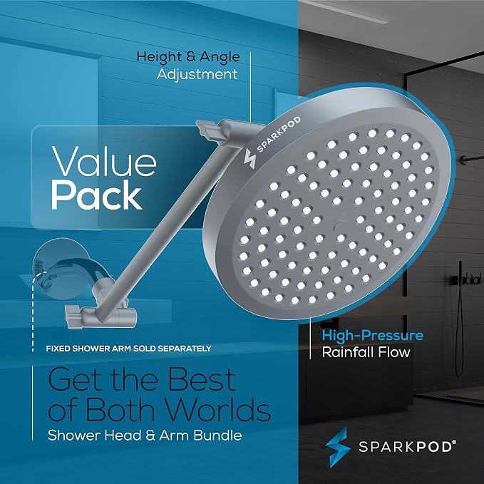 SparkPod 6" Round Rain Shower Head with 11" Shower Arm | Shower Head & Extension Arm Combo, Height Adjustable, High Pressure Performance, Easy 1-Minute Installation, Charcoal Grey