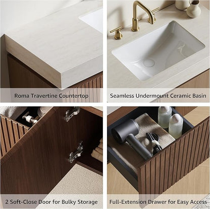 48” Floating Bathroom Vanity with Sink, Wall-Mounted Cabinet with Drawer & Doors, Roma Travertine-Pattern Countertop, Undermount Basin, 3 Faucet Hole, Soft-Close, Pre-Assembled, Brown Oak