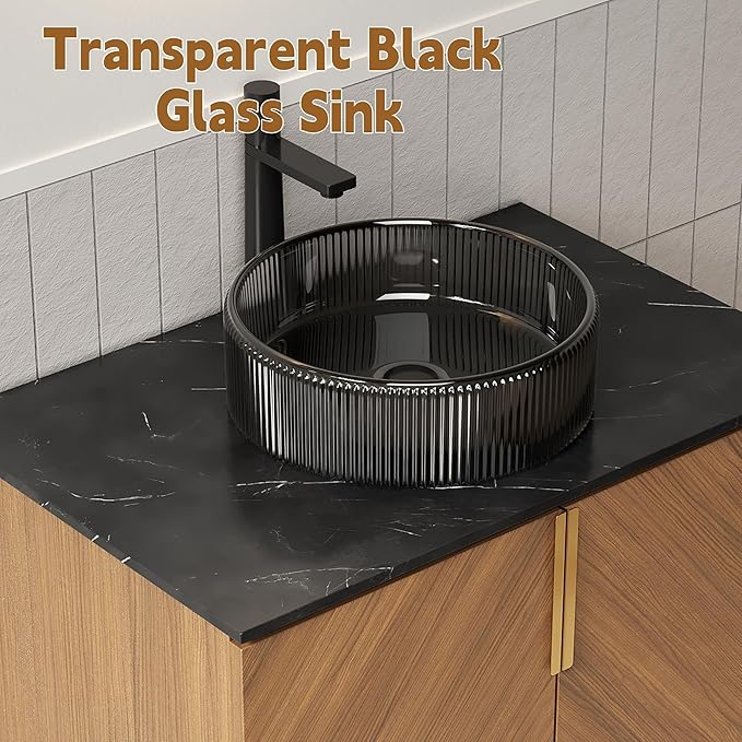36 Inch Bathroom Vanity with Sink Combo, Floating Vanity Bathroom with Vessel Sink, Modern Bathroom Vanity Cabinet with Doors, Sintered Stone Countertop and Glass Sink,Brown Oak