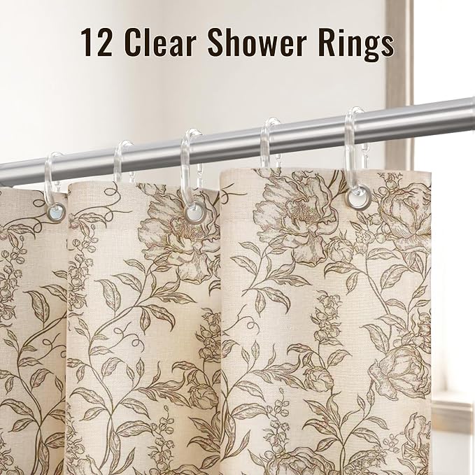 Farmhouse Brown Floral Shower Curtain with 12 Clear Rings 72"W x 84"L | Boho Fabric Faux Linen Shower Curtain Set, Vintage Cottagecore Shower Curtain for Bathroom