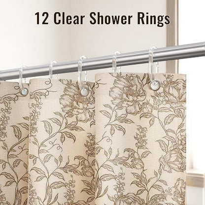 Farmhouse Brown Floral Shower Curtain with 12 Clear Rings 72"W x 84"L | Boho Fabric Faux Linen Shower Curtain Set, Vintage Cottagecore Shower Curtain for Bathroom