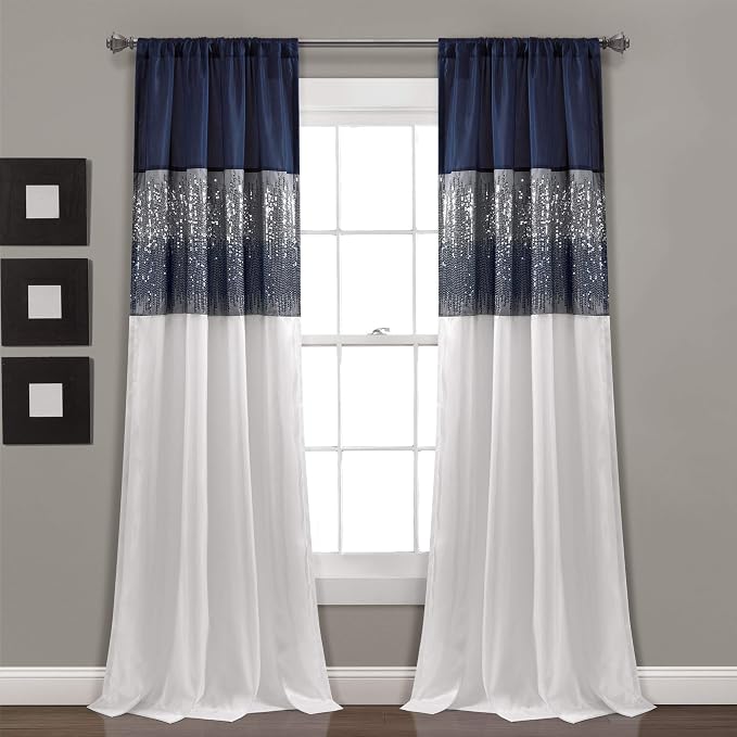 Lush Decor Night Sky Window Curtain Panel, Single 42"W x 95"L Navy & White - Sequin Backdrop Curtain - Room Darkening Curtains For Bedroom - Glam Decor