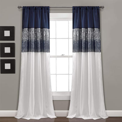 Lush Decor Night Sky Window Curtain Panel, Single 42"W x 95"L Navy & White - Sequin Backdrop Curtain - Room Darkening Curtains For Bedroom - Glam Decor