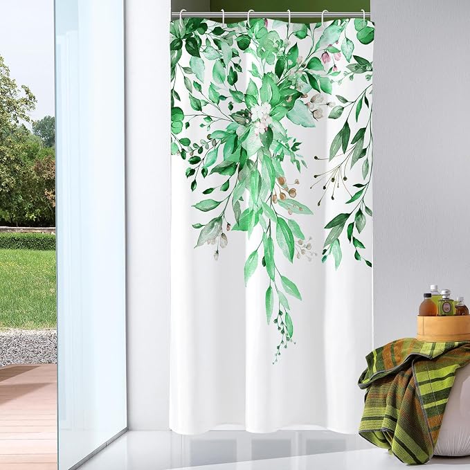Emerald Green Eucalyptus Shower Curtain, Floral Print, 36x72 | Watercolor Plant Leaves Floral Print, Waterproof Fabric Bathroom Decor, Machine Washable, Rustproof Grommets
