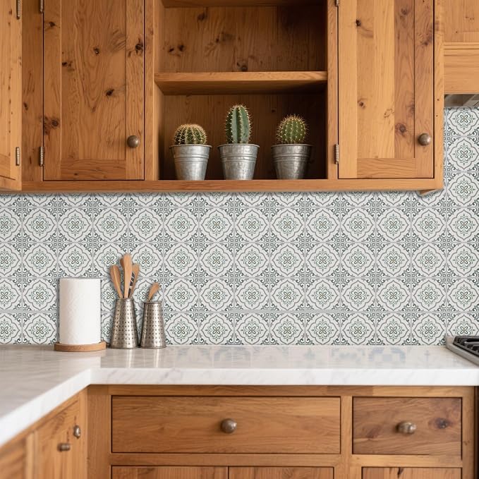 36 Pcs Retro Gray Green Patten Peel and Stick Tile Sticker, 4x4in | Geometric Patterns Waterproof Self Adhesive Stick on Decals for Kitchen Bathroom Wall Art
