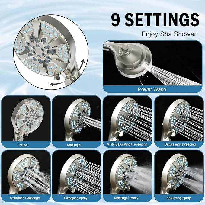 9 Settings Filtered Shower head with Handheld with Power Wash | Hard Water Softener,Remove Chlorine Power Wash for Tub&Tile,ON/OFF Button,6ft Hose&Bracket,Filtered Shower Head, Satin Nickel