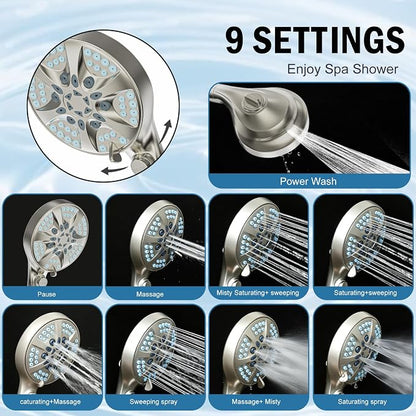 9 Settings Filtered Shower head with Handheld with Power Wash | Hard Water Softener,Remove Chlorine Power Wash for Tub&Tile,ON/OFF Button,6ft Hose&Bracket,Filtered Shower Head, Satin Nickel