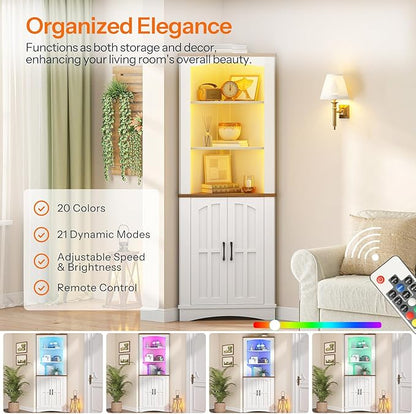 HOOBRO Corner Cabinet with LED Lights, 67" Tall Farmhouse Corner Storage Cabinet with Doors and Storage Shelves, 5-Tier Corner Bathroom Cabinet, for Living Room, Kitchen, White and Walnut WH74DCJ01