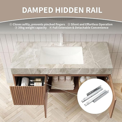 48 Inch Floating Bathroom Vanity with Sink, Wall-Mounted Farmhouse Bathroom Vanity with Drawer and Doors, Light Gray Sintered Stone Countertop and Ceramic Basin, Pre-Assembled,Brown Oak