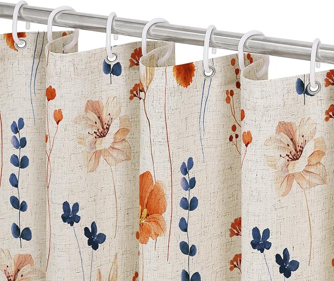 Orange Navy Linen Watercolor Floral Fabric Shower Curtain, 72x72 | Linen Fabric, Modern Minimalist Floral Print, Machine Washable, Rustproof Grommets, for Bathroom Home