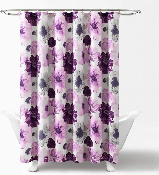Lush Decor Leah Floral Shower Curtain, 72" W x 72" L, Gray/Purple - Fabric Shower Curtains - Watercolor Botanical Bathroom Curtain - Farmhouse & French Country Decor
