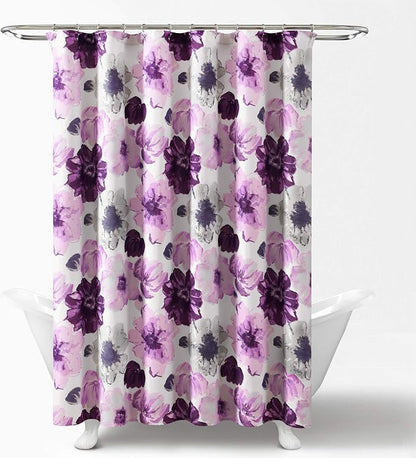 Lush Decor Leah Floral Shower Curtain, 72" W x 72" L, Gray/Purple - Fabric Shower Curtains - Watercolor Botanical Bathroom Curtain - Farmhouse & French Country Decor