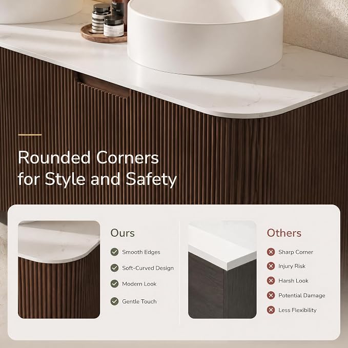 60 Inch Double Sink Bathroom Vanity, Floating Wall Mounted Cabinet, Dark Walnut Curved Fluted Front, Stone Top, Dual Pure White Round Vessel Basins, Pre-Assembled