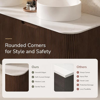 60 Inch Double Sink Bathroom Vanity, Floating Wall Mounted Cabinet, Dark Walnut Curved Fluted Front, Stone Top, Dual Pure White Round Vessel Basins, Pre-Assembled