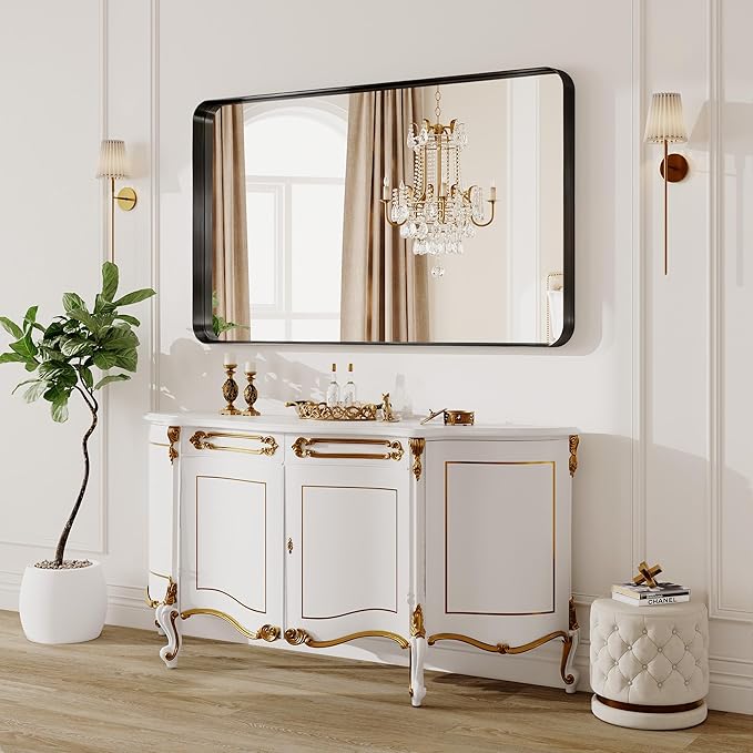48X30 Inch Black Metal Framed Bathroom Mirror for Wall, Matte Framed Rounded Rectangular Modern Mirrors for Over Sink, Anti-Rust, HD Tempered Glass, Farmhouse, Hangs Horizontally or Vertically