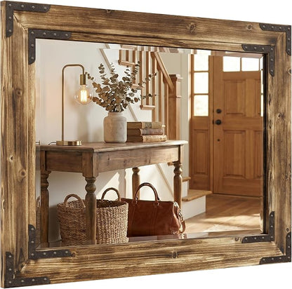 Rustic Brown 30x40 Inch Wood Bathroom Vanity Mirror, Rivets | Farmhouse style, deep weathered grain, larger vanities, mantels, dressers and entry consoles