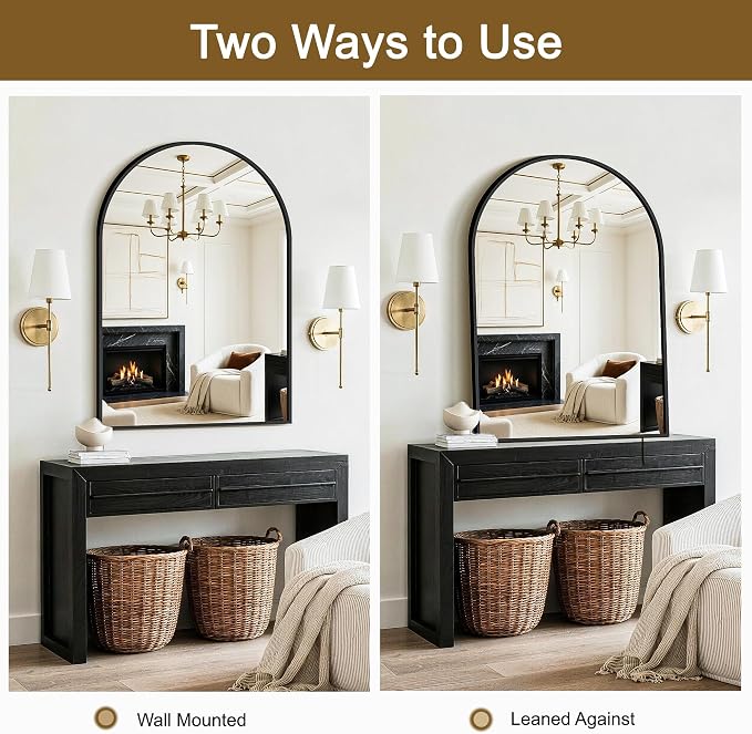 FGU Arched Bathroom Mirror for Over Sink 40"x28" Black Vanity Mirror | Wall Mounted, HD Tempered Shatter-Proof Glass, Rust-proof Arched Metal Frame, Arch Mirror for Bedroom, Living Room, Entryway