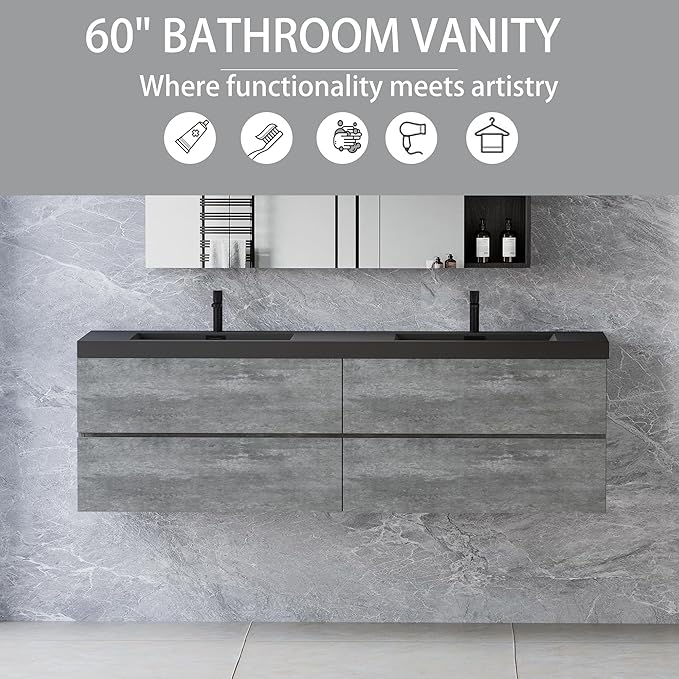 60" Floating Bathroom Vanity with Sink Combo, Pre-Assembled Wall Mounted Bathroom Cabinet with Double Integrated Sink, Soft-Closed 2 Drawers, Dark Birch