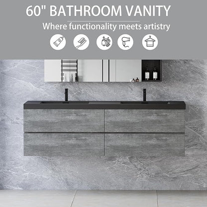 60" Floating Bathroom Vanity with Sink Combo, Pre-Assembled Wall Mounted Bathroom Cabinet with Double Integrated Sink, Soft-Closed 2 Drawers, Dark Birch