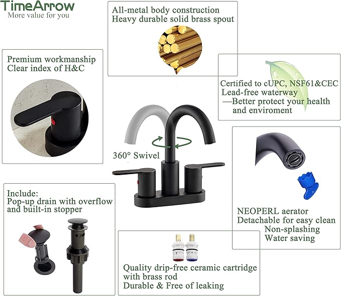 Matte Black Two Handle Centerset Bathroom Sink Faucet with Pop up Drain, High Arc Modern 4 Inch Bathroom Vanity Lavatory Faucet 3 Holes with Brass 360° Swivel Spout, TAF067E-MB
