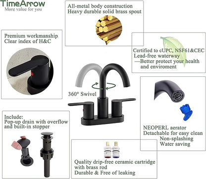 Matte Black Two Handle Centerset Bathroom Sink Faucet with Pop up Drain, High Arc Modern 4 Inch Bathroom Vanity Lavatory Faucet 3 Holes with Brass 360° Swivel Spout, TAF067E-MB