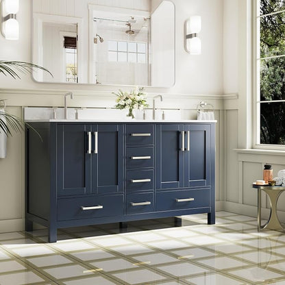 60-Inch Bathroom Vanity with Sink, 4 Soft-Close Doors and 6 Soft-Close Drawers, Bathroom Freestanding Vanity with Cultured Marble Countertop, Navy Blue Vanity with Brushed Nickel Handles