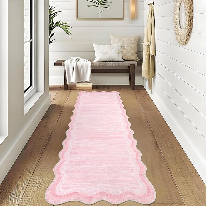 Garvee Washable Runner Rug 2x6 Modern Solid Scalloped Kitchen Runner Pink | Modern Long Runner Rug for Entryway Bedroom, Non Slip Low Pile Solid Runner Rugs for Entryway, Nursery Rugs Runner